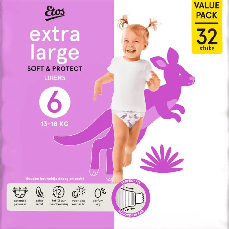 Etos Luiers Extra Large Maat 6 13-18 kg Value pack 32 stuks