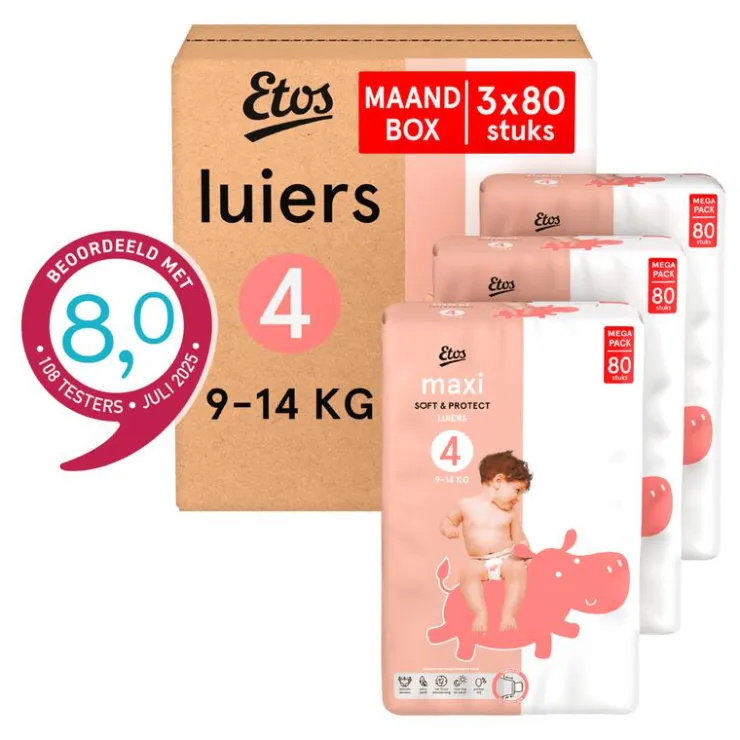 Etos Luiers Maxi Maat 4 9-14 kg Maandbox 240 stuks