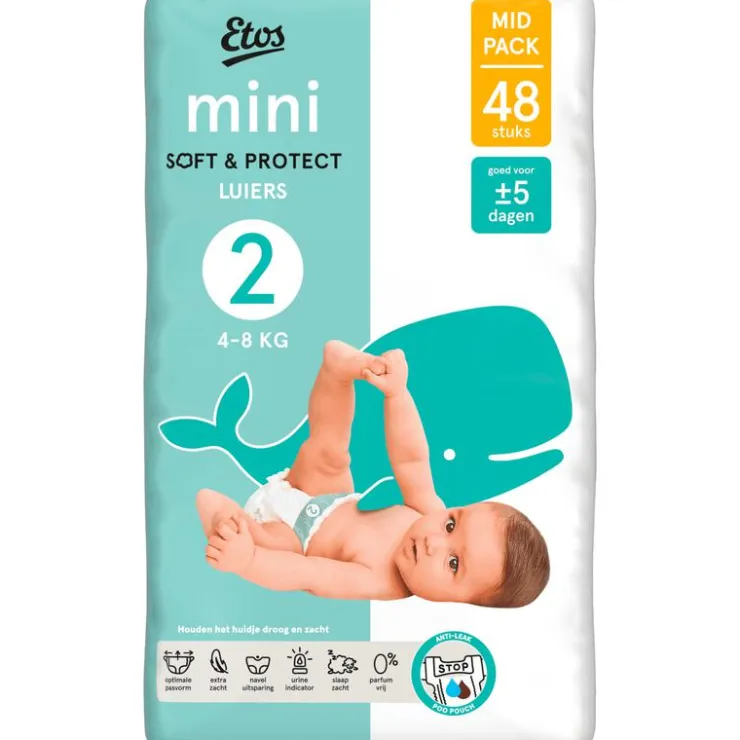 Etos Luiers Mini Maat 2 4-8 kg Mid Pack 48 stuks