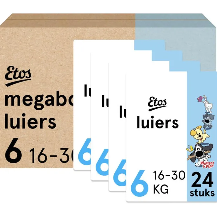 Etos Woezel & Pip Luiers XL Maat 6 16-30 kg Megabox 4x24 stuks