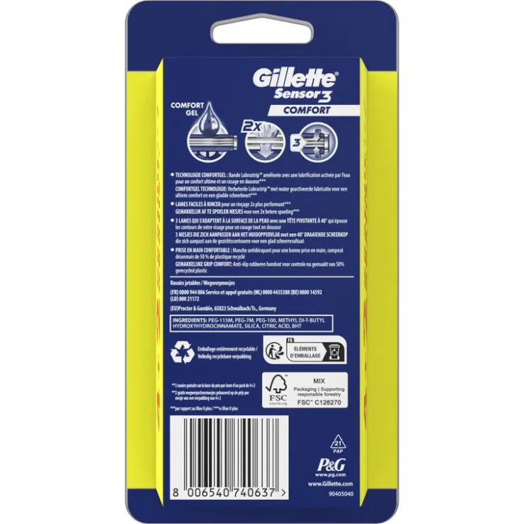 Heren Gillette Sensor3 Comfort Wegwerpmesjes 4+2 stuks